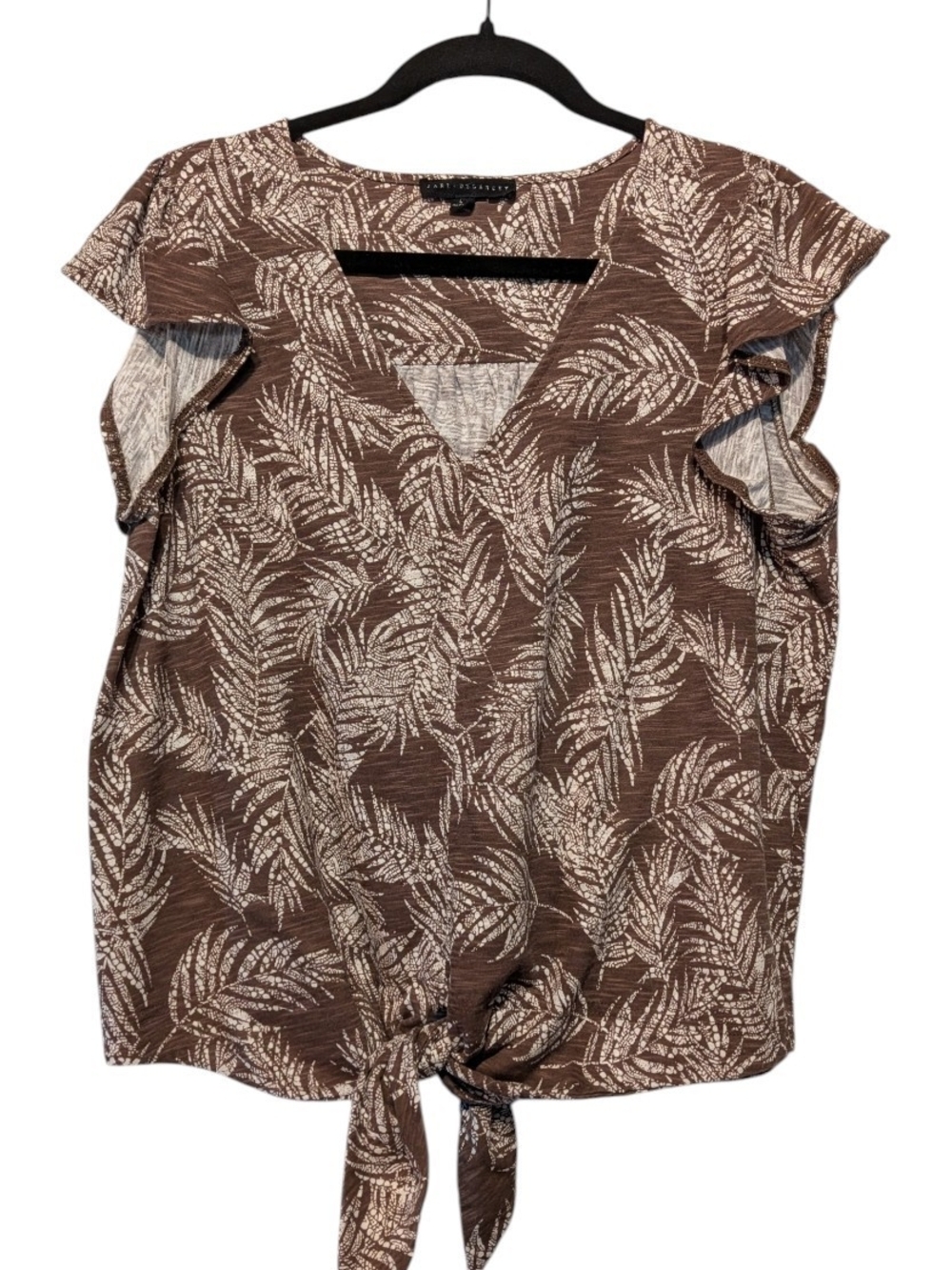 Jane and Delancey Brown and Cream Leaf-Print Tie-Front Flutter Sleeve Blouse